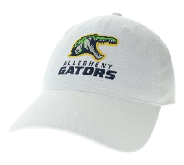 White baseball cap, front facing gator logo.