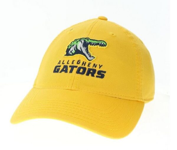 Gold baseball cap, front facing gator logo.
