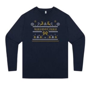 Navy crew neck sweater with white and yellow ugly sweater design and gold Allegheny College text in the middle.