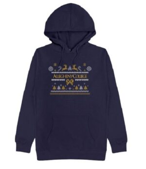 Navy hood with white and yellow ugly sweater design and gold Allegheny College text in the middle.
