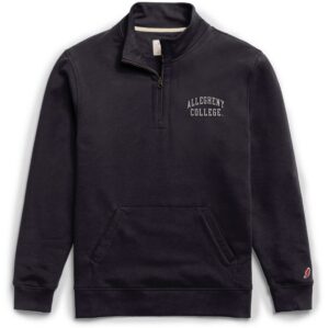 Navy quarter zip, Allegheny College text on left chest.