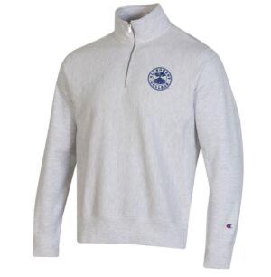 White quarter zip sweater, Allegheny seal on left chest.