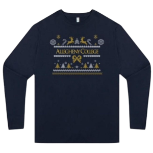 Navy crew neck sweater with white and yellow ugly sweater design and gold Allegheny College text in the middle.