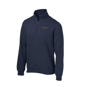 Navy quarter zip sweater with Allegheny College Alumni on left chest.