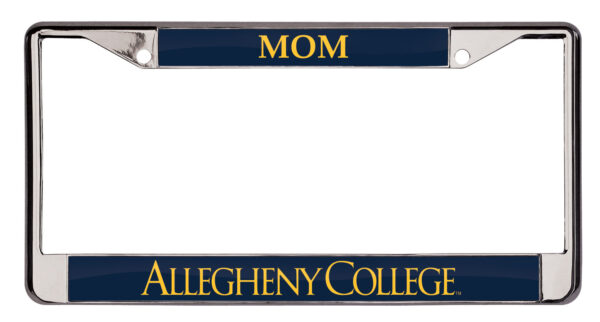 Silver license plate frame with navy accents, mom and Allegheny college in gold letters