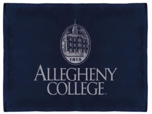 Navy blanket with white Bentley 1815 logo and white Allegheny College text.