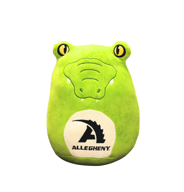 Green Gator Plush toy with embroidered face and Allegheny A logo. Yellow eyes embroidery