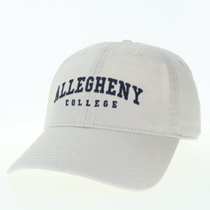Light gray colored cap with navy Allegheny College embroidered text.