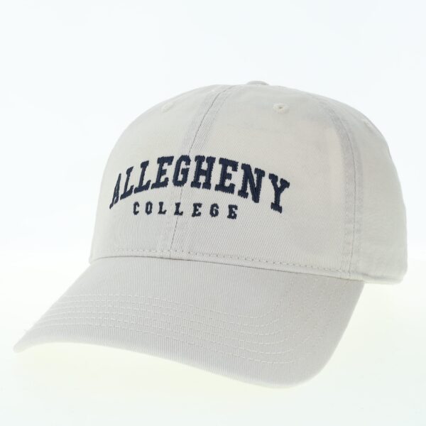 Light gray colored cap with navy Allegheny College embroidered text.