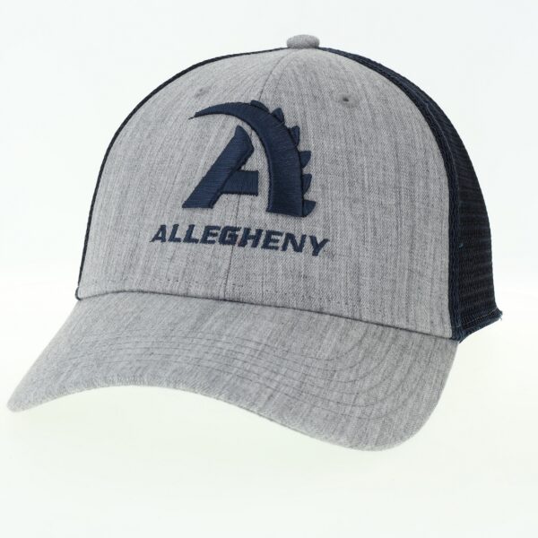 Gray trucker hat with Navy Action A logo and navy mesh back.