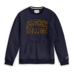 Navy crew neck sweater with Allegheny College Gold outlined word mark.