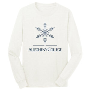 Oatmeal long sleeve tee shirt with centered navy snowflake and Allegheny College text below.