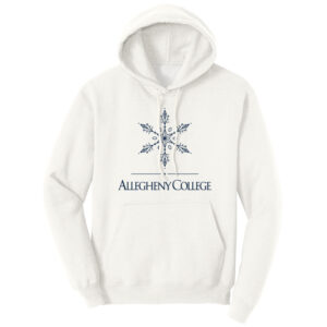 Oatmeal hooded sweatshirt with centered navy snowflake and Allegheny College text below.