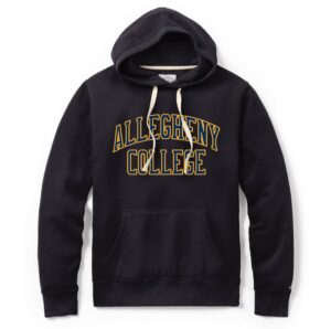 Navy stadium hood with embroidered Allegheny College gold outlined text.