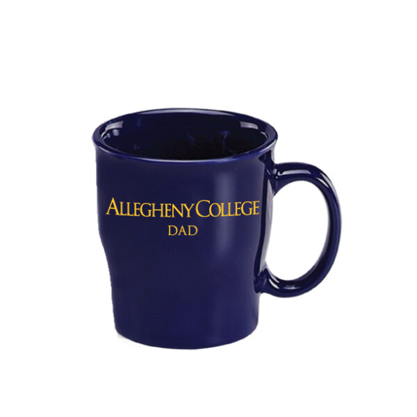 Navy mug with handle. Gold Allegheny College dad text.