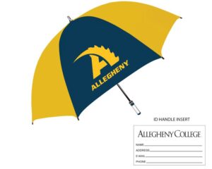 Navy and gold umbrella with a gold Action A logo in a navy tile.