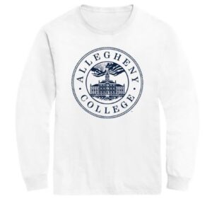 White tee shirt with Navy Modern Seal depicting Bentley Hall and Allegheny College text surrounding the logo.