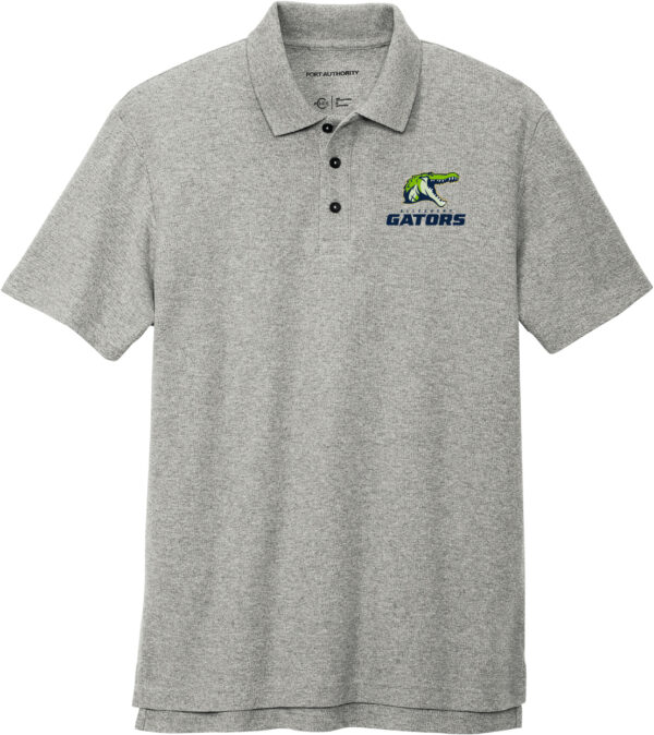 Gray some heather short-sleeve collared polo shirt with a embroidered Gator logo.