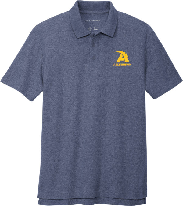Navy heather short sleeve collared polo shirt with gold embroidered A logo.