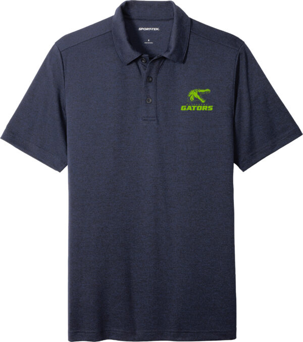 Navy polo shirt with green embroidered gator logo.