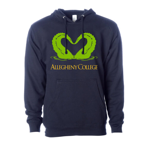 Navy hood with green gator tail heart design with gold Allegheny College text below.