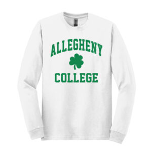White long sleeve tee with Green Allegheny College text with a green four leaf clover in the middle.