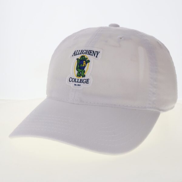White twill cap with an embroidered patch showing the Allegheny College Vintage Gator logo.