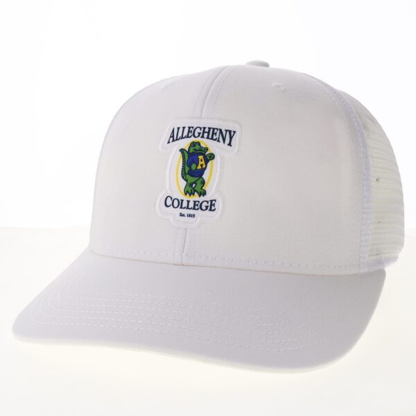 White trucker cap with an embroidered patch showing the Allegheny College Vintage Gator logo.
