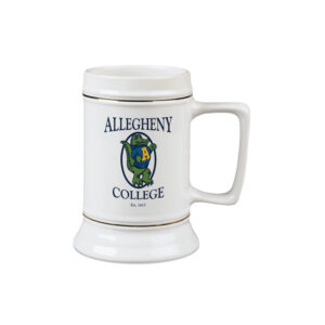 White ceramic tankard mug with handle. Front facing vintage gator logo with Navy Allegheny College text above and below the gator. Gold lining around the tankard below and above the handle.