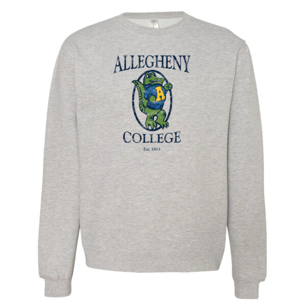 Gray heather crew neck sweater with a vintage gator logo and gold Allegheny College text above and below the logo.