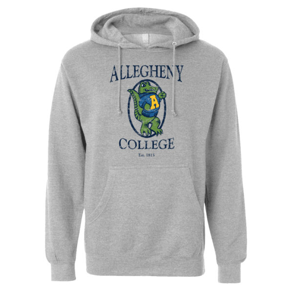 Gray heather hooded sweatshirt with a vintage gator logo and gold Allegheny College text above and below the logo.