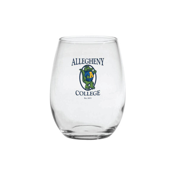 15 oz. stemless wine glass with front-facing Vintage Gator logo.