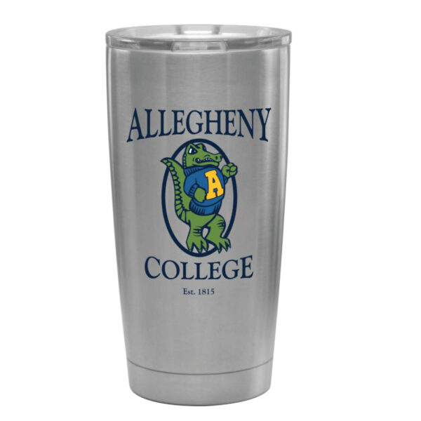 Gray insulated tumbler with a front facing vintage gator logo. Navy Allegheny text above the gator and College text below the gator.