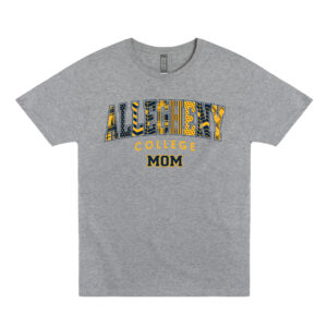 Gray short sleeve tee shirt with an Allegheny College Wordmark logo. Each letter in Allegheny has a unique plaid or dotted design. Below the wordmark is a Mom imprint in Navy with a gold outline.