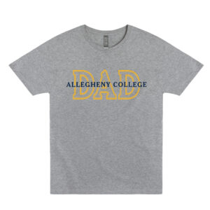 Gray short sleeve tee shirt with a front facing navy Allegheny College wordmark logo. Behind the wordmark logo is dad text outlined in gold.