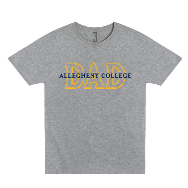 Gray short sleeve tee shirt with a front facing navy Allegheny College wordmark logo. Behind the wordmark logo is dad text outlined in gold.