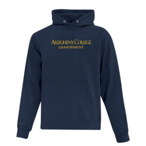 Navy hooded pullover sweatshirt. Gold Allegheny College text with grandparent text below.