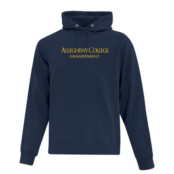 Navy hooded pullover sweatshirt. Gold Allegheny College text with grandparent text below.