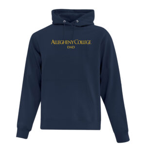 Navy hooded pullover sweatshirt. Gold Allegheny College text with dad text below.