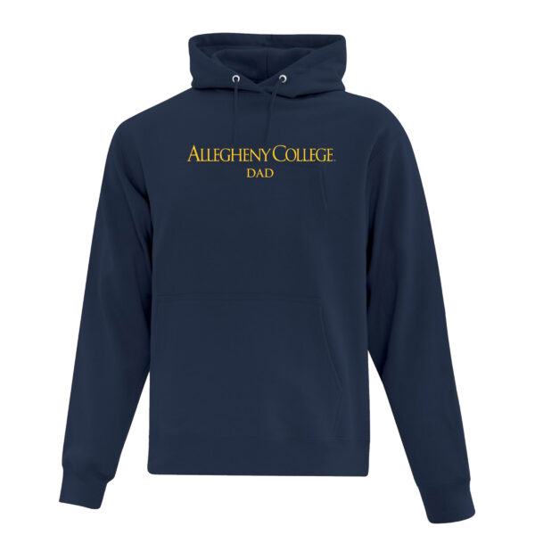 Navy hooded pullover sweatshirt. Gold Allegheny College text with dad text below.