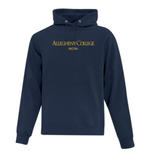 Navy hooded pullover sweatshirt. Gold Allegheny College text with mom text below.