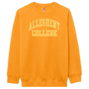 Gold long sleeve crewneck sweatshirt. Lighter gold front facing centered Allegheny College wordmark imprint.