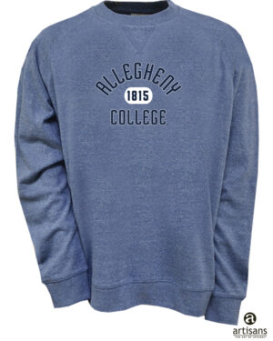 Light navy long sleeve crew neck sweatshirt. Centered front facing Allegheny College wordmark with 1815 capsule logo in between the wordmark.