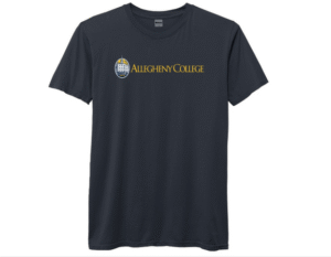 Navy short sleeve tee with a front-centered Bentley logo and Allegheny College text.